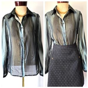 Ninety Sheer Black, Teal And Metallic Gold Blouse. Size Medium